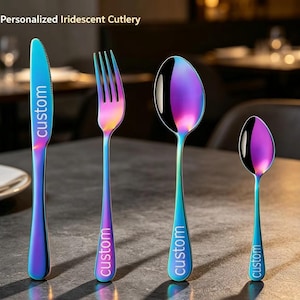 May include: A set of iridescent cutlery including a knife, a fork, and two spoons of different sizes. Each piece features a vibrant rainbow-colored finish and the word custom engraved on the handle. The knife also displays the word custom.