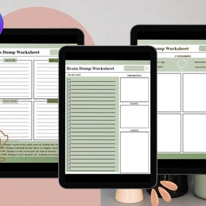 May include: Three digital tablets showing a "Brain Dump Worksheet" template. The worksheets have sections for lists, priorities, and notes, in a soft green and white colour scheme. The Canva logo is in the top left corner.