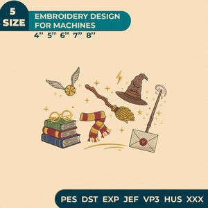 May include: An embroidery design for machines featuring a golden snitch, a stack of three books with round glasses, a red and yellow striped scarf, a broomstick, a brown sorting hat, a lightning bolt, and an envelope with a red wax seal.