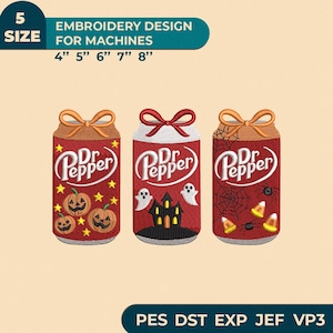 May include: Three digital embroidery designs of soda cans featuring the Dr Pepper logo. The cans are decorated with Halloween themes including jack-o'-lanterns, ghosts, a haunted house, spiderwebs, and candy corn. Text includes 5 SIZE 4" 5" 6" 7" 8".