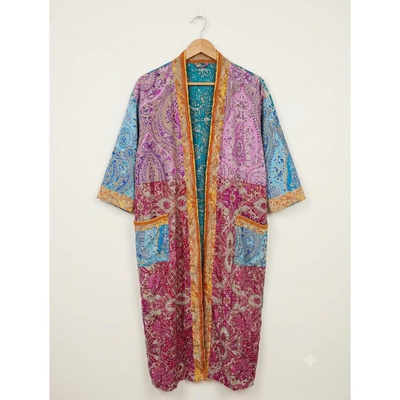 Vintage Long Silk Kimono Robe: Lightweight Dressing Gown, Beach Cover ...