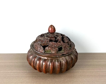Bruciatore di incenso a forma di zucca in bronzo vintage, realizzato a mano, con coperchio a motivo di nuvole, decorazione da scrivania cinese.