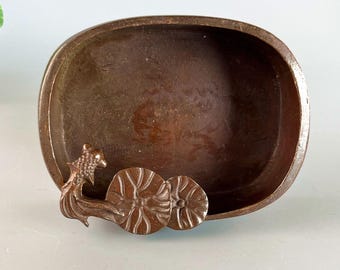 Handmade Copper Lotus Koi Brush Washer, Chinese Scholar Desk Decor, Collectible Art