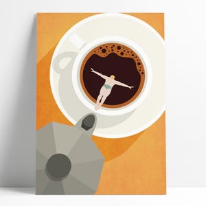 May include: An illustration of a person swimming in a coffee cup. The cup is white, filled with brown coffee, and features a person in swim trunks. A grey coffee pot is in the lower left corner. The background is orange.