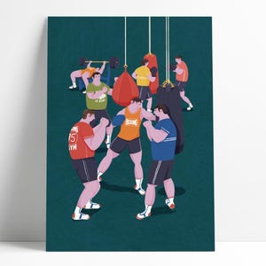 Könnte beinhalten: Illustration einer Boxhalle mit mehreren trainierenden Figuren. Die Szene zeigt Personen beim Boxen, beim Benutzen von Boxsäcken und beim Gewichtheben. Das Kunstwerk verwendet eine Palette aus Orange, Blau und Grün und erzeugt so ein dynamisches und energiegeladenes Bild.
