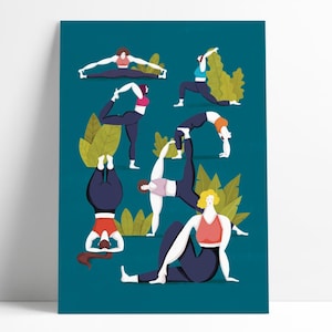Könnte beinhalten: Ein türkisfarbenes Poster mit stilisierten Illustrationen von Menschen in Yoga-Posen. Die Figuren sind in verschiedenen Positionen dargestellt, mit roten, blauen und weißen Farben. Grüne blattartige Formen sind im Design verstreut.