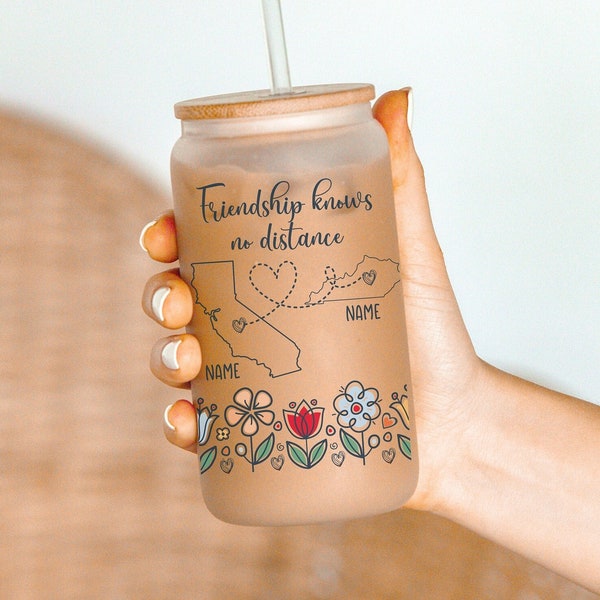Long Distance Friendship - Best Friend Gift - Friendship Knows No Distance - Customized States -  16 oz Frosted Can Glass