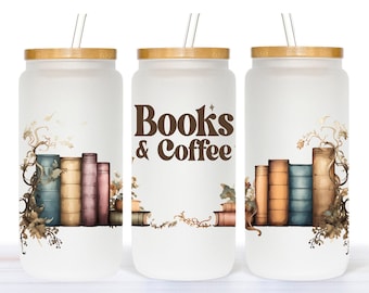 Books And Coffee - Book Lover - 16 oz Can Glass With Bamboo Lid and Straw