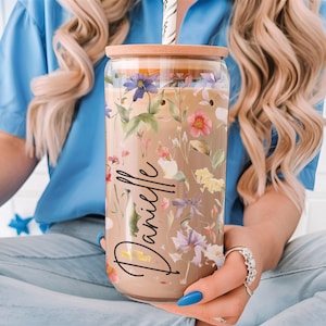 Personalized Iced Coffee Cup Floral - Custom Can Glass with Lid and Straw - Bridesmaid Gift - Bachelorette Glass Cup - Bridesmaid Proposal