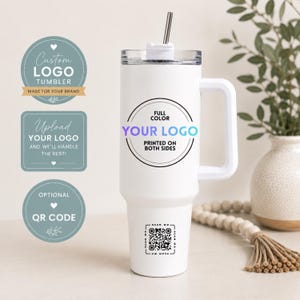 May include: A white stainless steel tumbler with a handle, a clear lid, and a metal straw. The tumbler features a circular graphic with the text 'FULL COLOR YOUR LOGO PRINTED ON BOTH SIDES' and a QR code at the bottom with the text 'SCAN ME'.