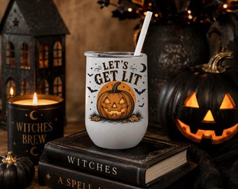 Halloween - Halloween Tumbler- Scaredy Cat Vintage Halloween Cat Tumbler 12 oz Wine tumbler