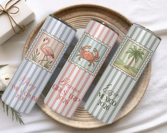 Custom Vacation Tumbler - Personalized Name -  Matching Beach Vacation -  Spring Break - Bachelorette Girls Trip 20oz Skinny Tumblers