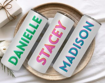 Personalized Name Tumbler, Custom Skinny Tumbler,  Beach Vacation Cup, Girls Trip Gift, Bridesmaid Tumbler, 20 oz Cup