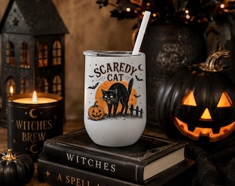 Halloween - Halloween Tumbler- Scaredy Cat Vintage Halloween Cat Tumbler 12 oz Wine tumbler