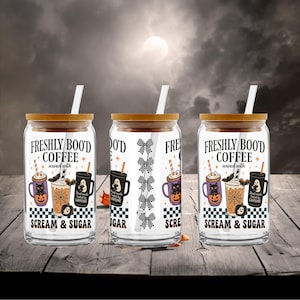 Freshly Boo&#39;s Coffee Scream and Sugar16oz Glass Can with Bamboo Lid & Straw