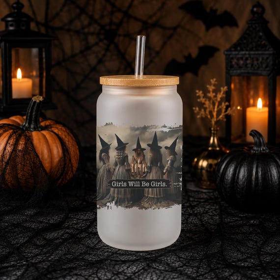 Halloween -  Witch Coven - Girls Will Be Girls- Halloween Tumbler - 16 oz Clear Can Glass With Bamboo Lid and Straw