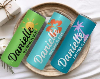 Custom Vacation Tumbler - Personalized Name -  Matching Beach Vacation -  Spring Break - Bachelorette Girls Trip 20 oz Skinny Tumblers