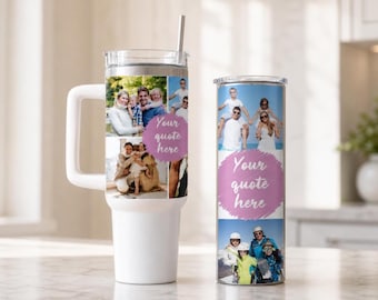 Custom Photo Collage 40oz Tumbler | Personalized Picture Tumbler | Custom Photo Travel Mug with Handle and Straw | Family Photo Gift