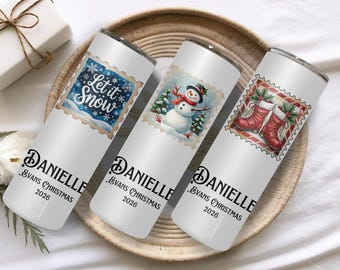 Custom Family Christmas Tumbler – Personalized Holiday Drinkware – Matching Christmas Cups – Festive 20 oz Skinny Tumblers