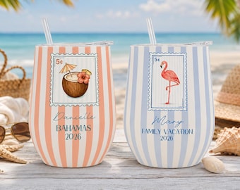 Custom Vacation Tumbler - Personalized Name -  Matching Beach Vacation -  Spring Break - Bachelorette Girls Trip 12oz Wine Tumblers