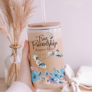 Long Distance Friendship - Best Friend Gift - True Friendship Knows No Distance - Customized States -  16 oz Frosted Can Glass