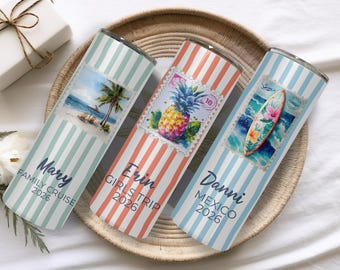 Custom Vacation Tumbler - Personalized Name -  Matching Beach Vacation -  Spring Break - Bachelorette Girls Trip 20oz Skinny Tumblers