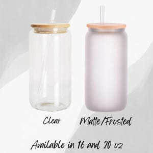 May include: Two glass tumblers with bamboo lids and clear glass straws. One tumbler is clear glass, and the other is matte frosted glass. The text below reads Clear, Matte/Frosted, and Available in 16 and 20 oz, indicating the two size options.