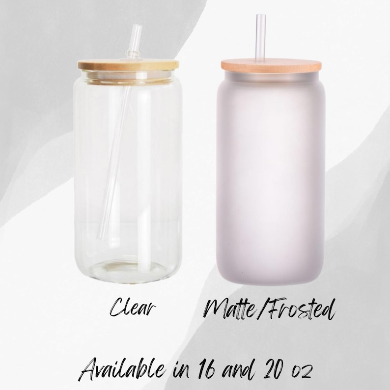 May include: Two glass tumblers with bamboo lids and clear glass straws. One tumbler is clear glass, and the other is matte frosted glass. The text below reads Clear, Matte/Frosted, and Available in 16 and 20 oz, indicating the two size options.