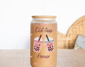 Best Friend Glass Tumbler - Long Distance Friendship Gift  - Boba Besties- Best-Teas 16 oz Can Glass With Bamboo Lid