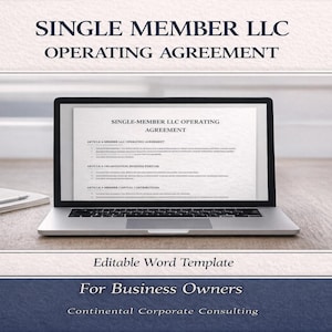 Puede incluir: Una computadora portátil muestra un documento "Single-Member LLC Operating Agreement". Un bloc de notas y un bolígrafo están a la izquierda. El texto en la parte superior dice "Single Member LLC Operating Agreement". Debajo, dice "Editable Word Template For Business Owners".