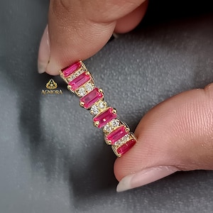 14k Gold Pleate Ruby Ring Dainty Stacking Ring Emerald Cut Ruby Band Unique Stackable Ring Half Eternity Ring Gift for Women Simulated Band