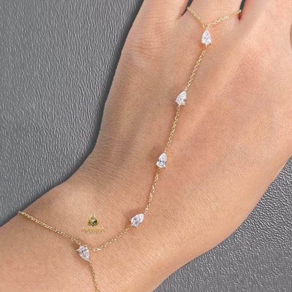 14k Yellow Gold Hand Chain Bracelet, Pear Cut Moissanite Hand Harness, Dainty Finger Bracelet Ring Chain, Minimalist Bridal Hand Jewelry