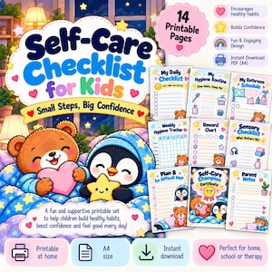 Puede incluir: Una lista de verificación de autocuidado para niños con 14 páginas imprimibles en tamaño A4. La portada muestra un oso y un pingüino sosteniendo un corazón y una estrella, con el texto Self-Care Checklist for Kids, Small Steps, Big Confidence.