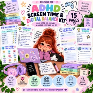 Può includere: Un kit stampabile per la gestione del tempo davanti allo schermo e l'equilibrio digitale ADHD con 15 pagine di schede attività, tracker degli obiettivi e registri delle abitudini. Include un personaggio, un gatto, cuffie e un laptop.