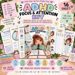 May include: An ADHD Focus & Attention Kit for children aged 6-10, comprising 16 pages of printable resources. The collection includes a reward tracker, visual timer, sensory cards, and a mini-steps planner, designed to assist with focus and organisation.