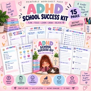 Può includere: Un kit stampabile per il successo scolastico ADHD con 15 pagine di fogli di lavoro, inclusi pianificatori giornalieri, tracker degli obiettivi, pianificatori di studio e tabelle di routine, con colori pastello, cuori e illustrazioni.
