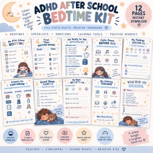 Può includere: Un kit di 12 pagine per la routine serale dopo la scuola, scaricabile istantaneamente. Le pagine stampabili includono liste di controllo, strumenti di calma e riflessioni quotidiane con illustrazioni di bambini, stelle e lune con suggerimenti testuali.