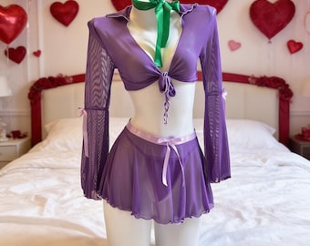 Conjunto de lencería de malla transparente morada personalizable con gargantilla - Conjunto de babydoll coqueto para sesiones de fotos de boudoir y citas románticas.