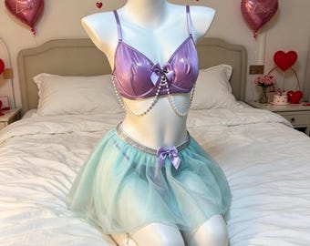 Customization,Mermaid Pearl Lingerie Set with Tulle Skirt - Fantasy Cosplay Lingerie for Themed Photoshoots & Intimate Moments