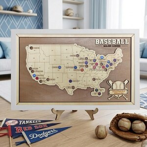 May include: A framed wooden baseball stadium map of the United States with team markers. The map is displayed on a wooden stand, with baseball pennants and baseballs nearby. The frame is white, and the map has the text "BASEBALL MAJOR LEAGUE".
