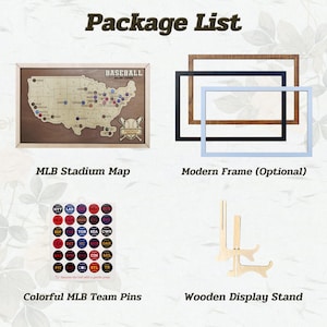 May include: An image showcasing baseball-themed items. It includes an MLB stadium map, optional modern frames in black, brown, and light blue, colorful MLB team pins, and a wooden display stand. The text "Package List" is at the top.
