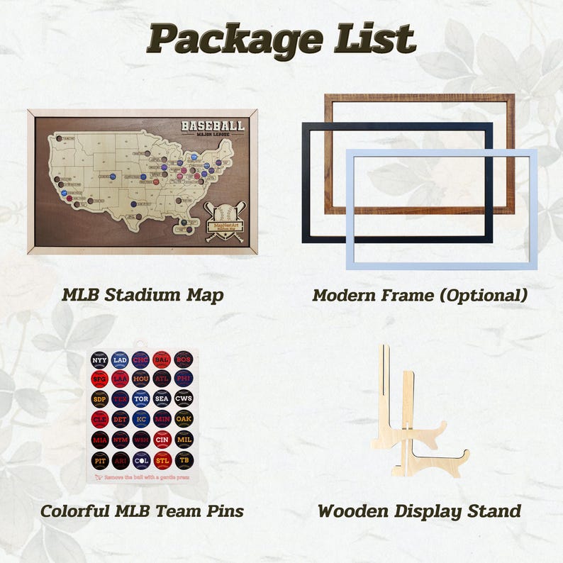 May include: An image showcasing baseball-themed items. It includes an MLB stadium map, optional modern frames in black, brown, and light blue, colorful MLB team pins, and a wooden display stand. The text "Package List" is at the top.