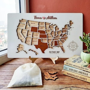 Mapa de viaje de EE. UU. – Mapa de los 50 estados – Rastreador de viaje de madera personalizado, regalo de 5.º aniversario - Regalo para parejas - Mapa rompecabezas 3D - Regalo de Navidad