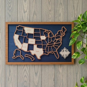 USA Travel Map, Wooden 50 States Travel Tracker - Family Road Trip Tracker - Adventure Awaits - RV Decor & Gift for Travelers