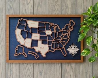 USA Travel Map, Wooden 50 States Travel Tracker - Family Road Trip Tracker - Adventure Awaits - RV Decor & Gift for Travelers