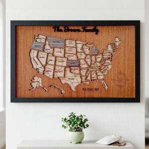 USA Travel Map Tracker - 5th Anniversary Gift - Personalized Gifts for Travelers - Wood Wall Art Decor - 50 States Tracker - Our Travels Map