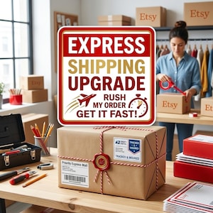 May include: A brown parcel secured with string and a wax seal. The package features a label stating "Priority Express Mail" and "Tracked & Insured." A sign displays "EXPRESS SHIPPING UPGRADE, RUSH MY ORDER, GET IT FAST!"