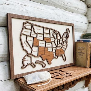 Wooden US Map, Personalized Travel Map Tracker - Housewarming Gift for Travelers - Modern Farmhouse Wall Art - Custom Travel Map Sign