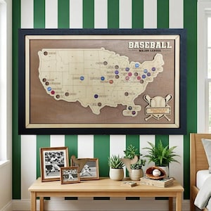 May include: A framed wooden baseball map of the United States, with team logos marking locations. The map is set against a green and white striped wall. The word "BASEBALL" is at the top. A baseball and bat graphic is on the right. Additional framed photos and plants are on a wooden table.