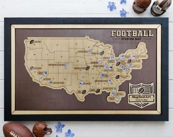 NFL Stadium Travel Map, 3D Wood Football Bucket List Tracker, Personalized Sports Map Wall Art, Man Cave Decor, 32 Team Pins, Gift for Dad